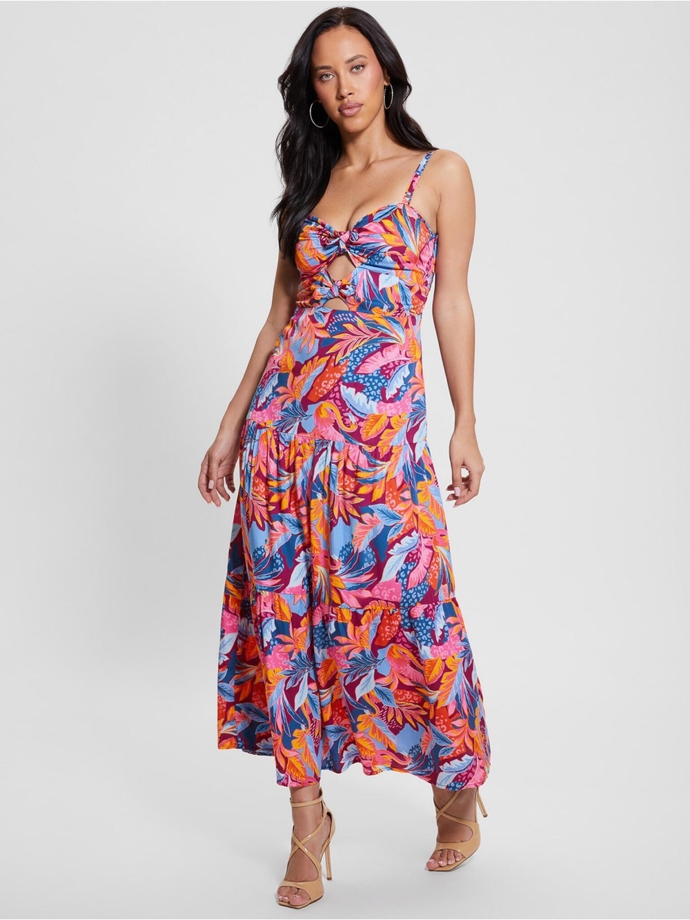 New Guess Tropical Tie-Front Maxi Dress in Pink, Blue & Orange Sz S
